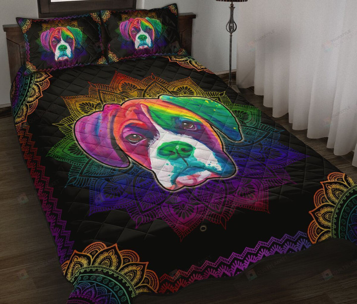 Boxer Dog Colorful Mandala Quilt Bedding Set