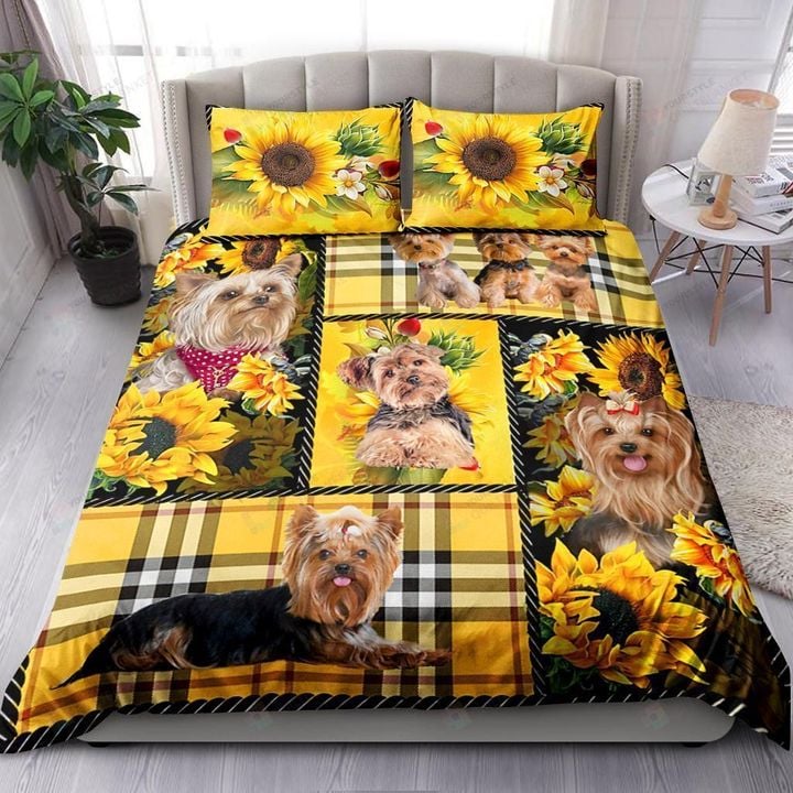 Yorkie Dog And Sunflower With Yellow Tartan Style Bedding Set Bed Sheets Spread Comforter Duvet Cover Bedding Sets
