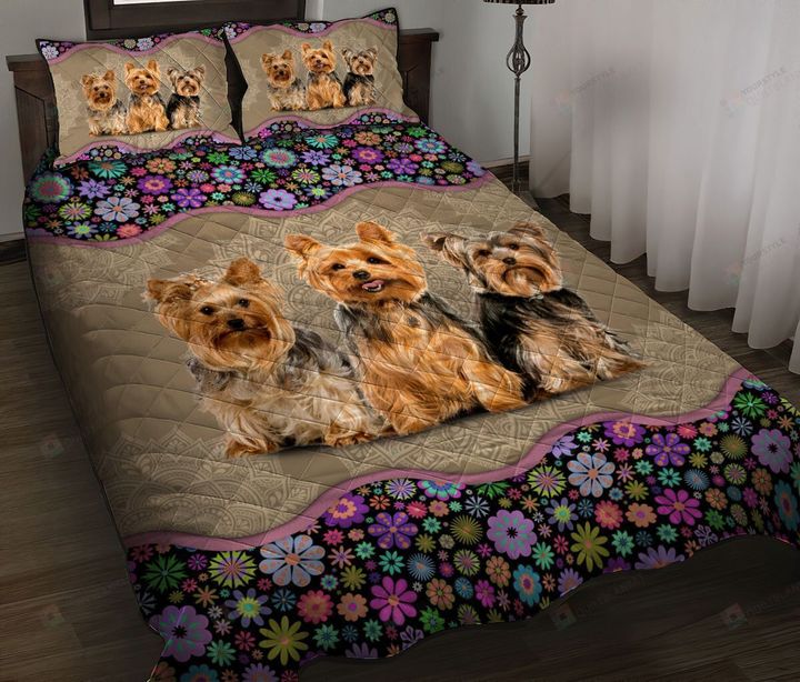 Yorkshire Terrier Flower Pattern Quilt Bedding Set