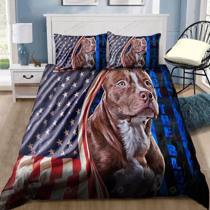 Pitbull Dog And American Flag Back The Blue Bedding Set  Bed Sheets Spread Comforter Duvet Cover Bedding Sets