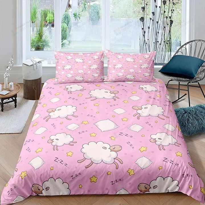 Sheep Sleeping Pattern Pink Bedding Set Bed Sheets Spread Comforter Duvet Cover Bedding Sets