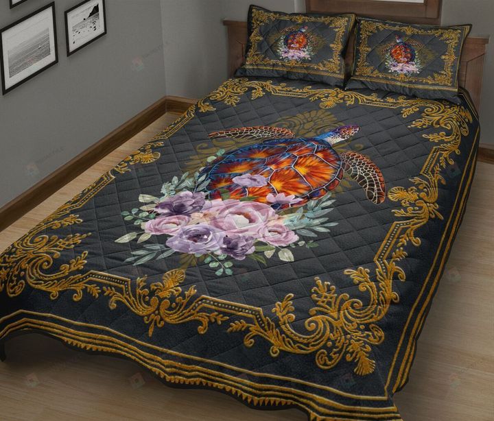 Turtle With Floral Pattern Quilt Bedding Set