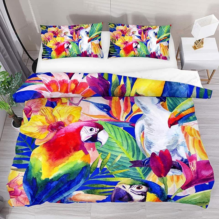 Parrots With Tropical Flowers Watercolor Pattern Bedding Set Bed Sheets Spread Comforter Duvet Cover Bedding Sets
