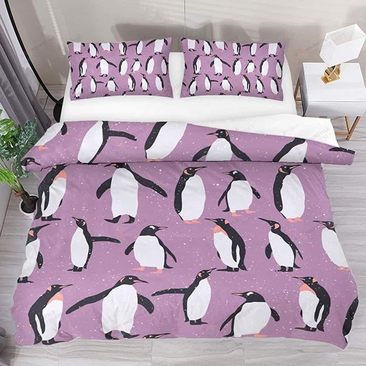 Penguin Snow Pattern Purple Bedding Set  Bed Sheets Spread Comforter Duvet Cover Bedding Sets