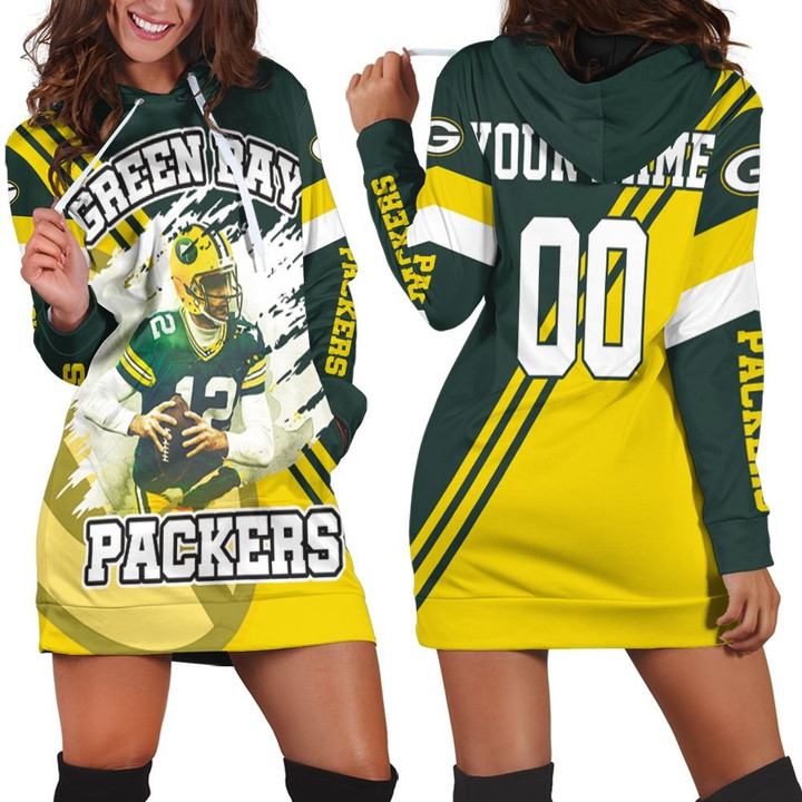 Green Bay Packers Aaron Rodgers 12 Illustrated For Fans Personalized Hoodie Dress Sweater Dress Sweatshirt Dress - 1