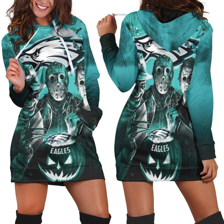 Freddy Jason Michael Myers Loves Philadelphia Eagles Pumpkin Head Halloween 3d Hoodie Dress Sweater Dress Sweatshirt Dress - 1