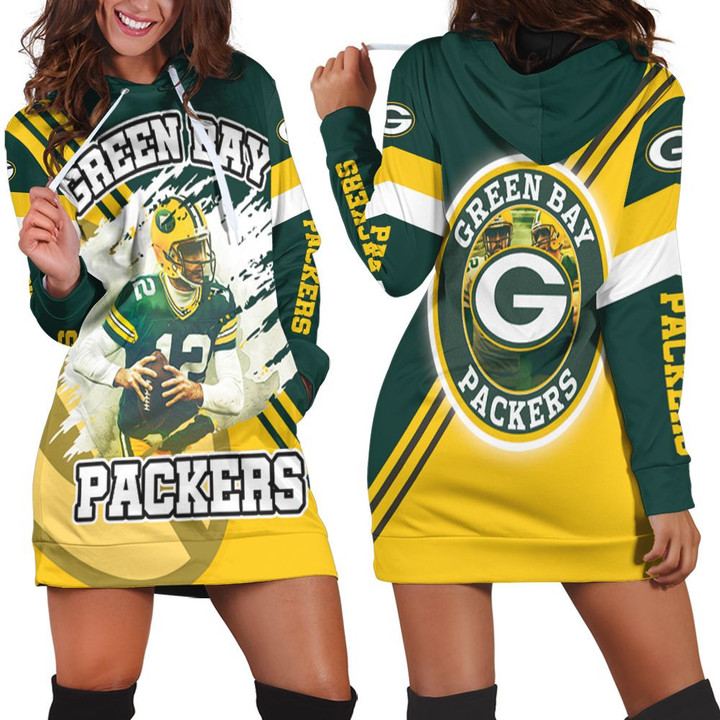 Green Bay Packers Aaron Rodgers 12 Illustrated For Fans Hoodie Dress Sweater Dress Sweatshirt Dress - 1