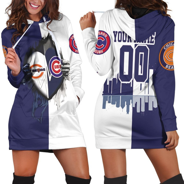 Chicago Bears And Chicago Cubs Heartbeat Love Ripped 3d Personalized Hoodie Dress Sweater Dress Sweatshirt Dress - 1