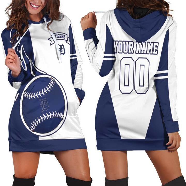 Detroit Tigers Personalized Blue And White Hoodie Dress Sweater Dress Sweatshirt Dress - 1
