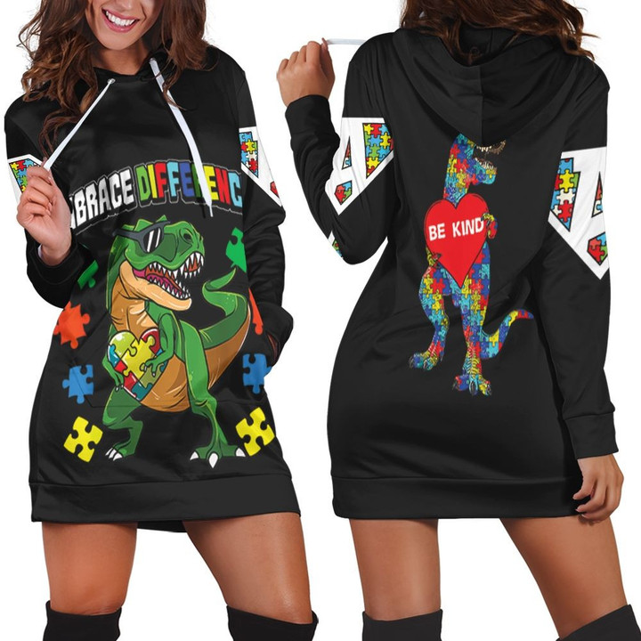 Embrace Differences Dinosaurs Autism Hoodie Dress Sweater Dress Sweatshirt Dress - 1