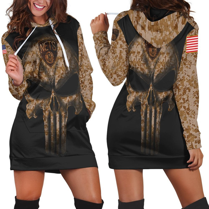 Camouflage Skull Brooklyn Nets American Flag Hoodie Dress Sweater Dress Sweatshirt Dress - 1