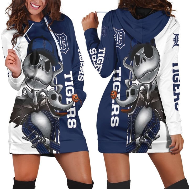 Detroit Tigers Jack Skellington And Zero Hoodie Dress Sweater Dress Sweatshirt Dress - 1