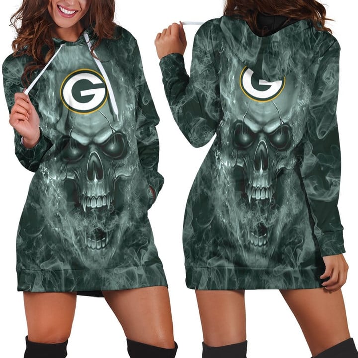 Green Bay Packers Nfl Fans Skull Hoodie Dress Sweater Dress Sweatshirt Dress - 1