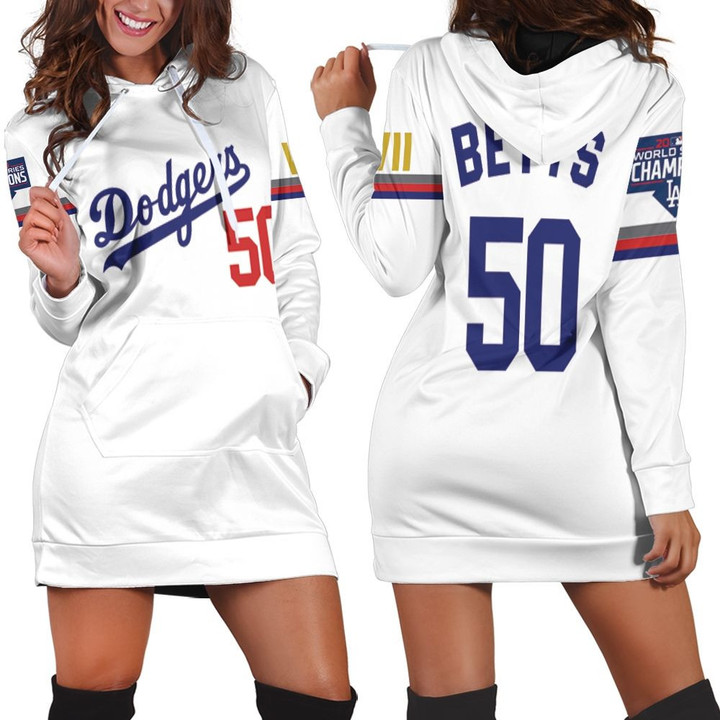 Los Angeles Dodgers Betts 50 2020 Championship Golden Edition White Jersey Inspired Style Hoodie Dress Sweater Dress Sweatshirt Dress - 1