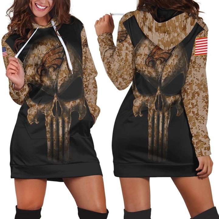 Camouflage Skull Philadelphia Eagles American Flag Hoodie Dress Sweater Dress Sweatshirt Dress - 1