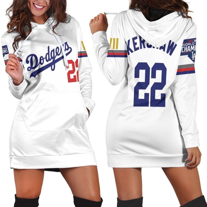 Los Angeles Dodgers Kershaw 22 2020 Championship Golden Edition White Jersey Inspired Style Hoodie Dress Sweater Dress Sweatshirt Dress - 1