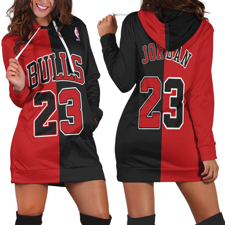 Chicago Bulls Michael Jordan 23 Nba Throwback Split Edition Red Black Jersey Inspired Style Hoodie Dress Sweater Dress Sweatshirt Dress - 1