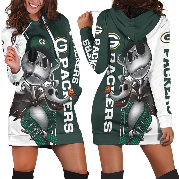 Green Bay Packers Jack Skellington And Zero Hoodie Dress Sweater Dress Sweatshirt Dress - 1
