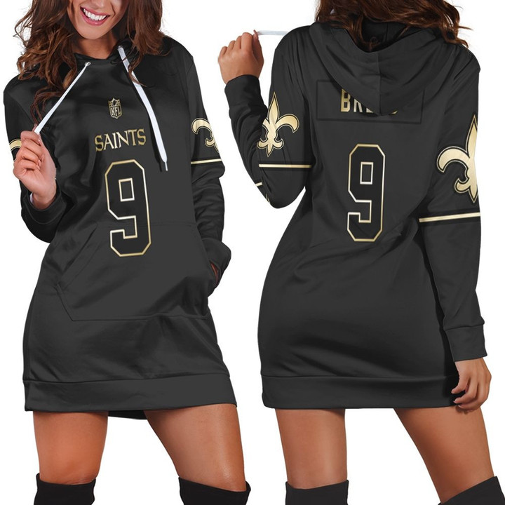 New Orleans Saints 9 Drew Brees Black Golden Edition Mens Jersey Inspired Hoodie Dress Sweater Dress Sweatshirt Dress - 1