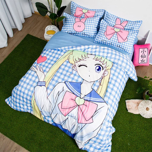 Usagi Sailor Moon Anime Bed Set Plaid Bedding