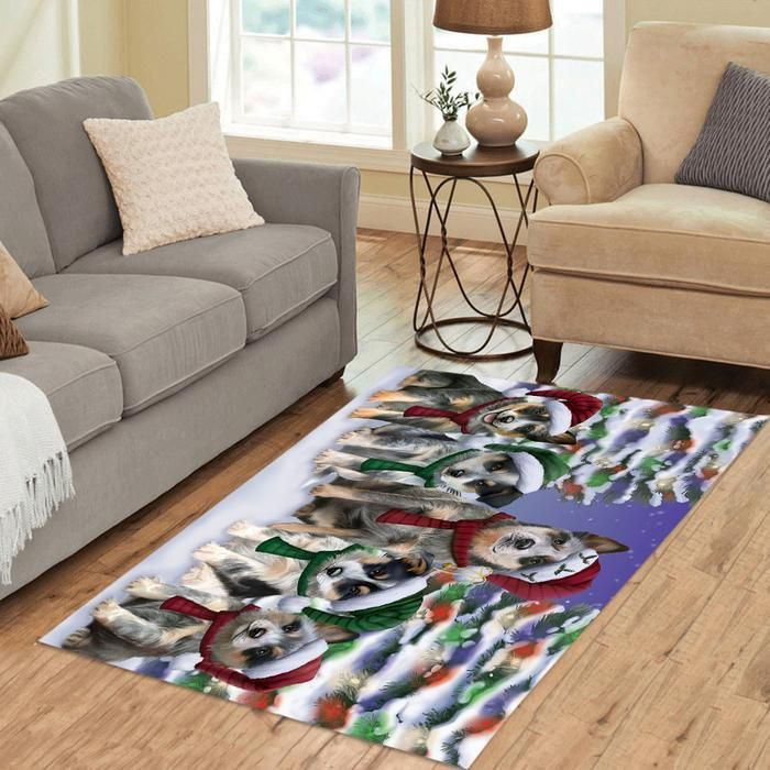 Blue Heeler Dogs Christmas Family Portrait In Holiday Scenic Background Area Rug CLA20120872R Rug