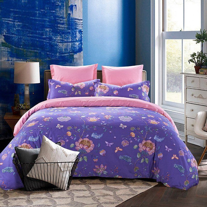 Vintage Violet Purple Pink Garden Flower And Butterfly Print Whimsical Folk CLA1210493B Bedding Sets