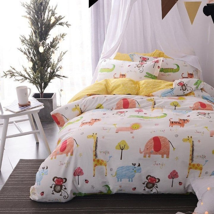 Kids Soft Pink Yellow And White Animal Print Jungle Safari Themed Funky Style CLA1210292B Bedding Sets