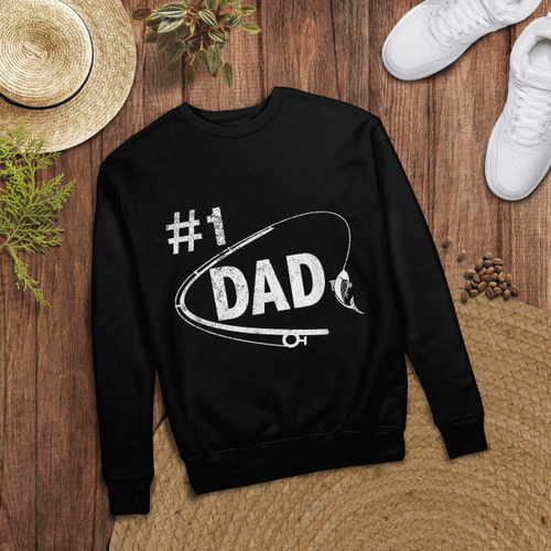 Woonistore - 1 Dad Fishing Papa Number 1 Fish Rod Fathers Day Shirt Gift T-Shirt