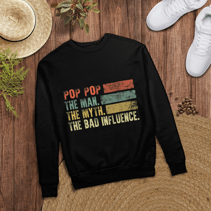 Woonistore - Mens Vintage Pop Pop the Man the Myth the Bad Influence T-shirt