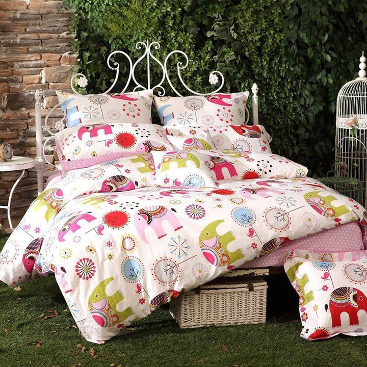 Lime Green Red And Pink Elephant Animal Print Little Girls Cute Girly Bedding Set IYPE