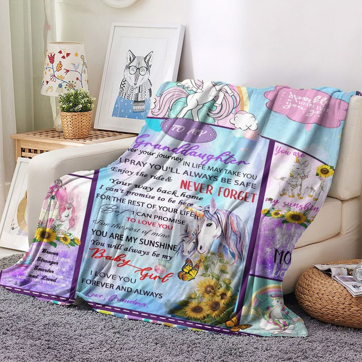 Granddaughter King Couch Fleece Blanket, Flower Bed Throw Blanket, To My Granddaughter Sunflower Unicorn Fleece Blanket, Gifts for Granddaughter