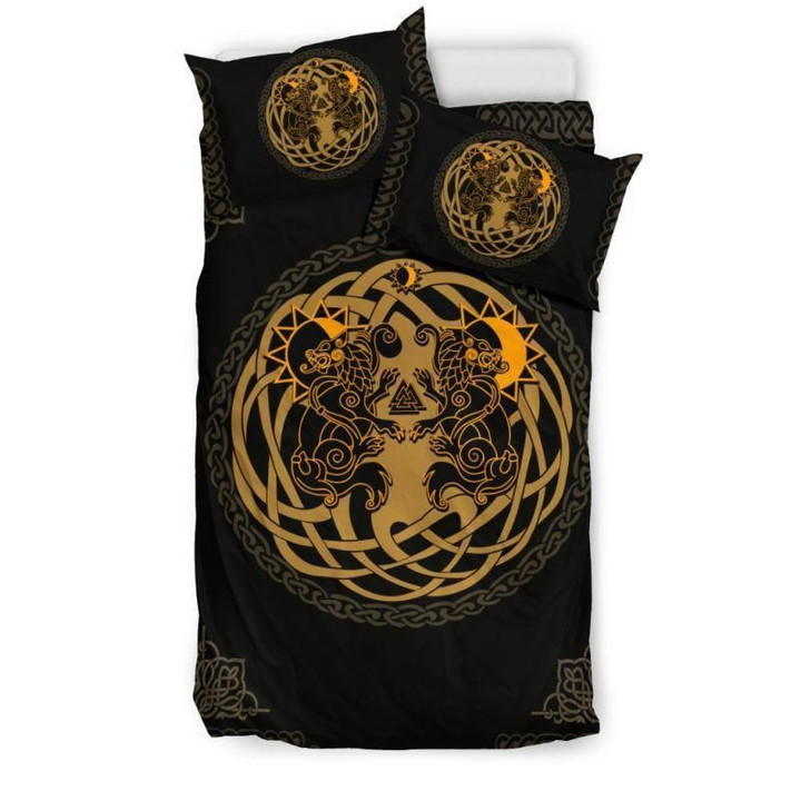 Viking Bedding Set, Tree Of Life Skoll And Hati Duvet Cover And Pillow Case A2