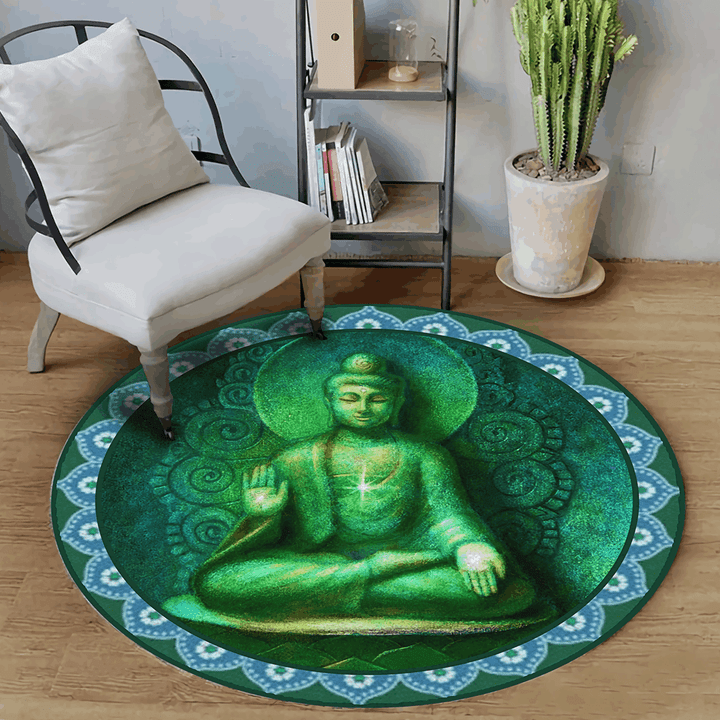 Meditation Green Buddha Jet Round Rug