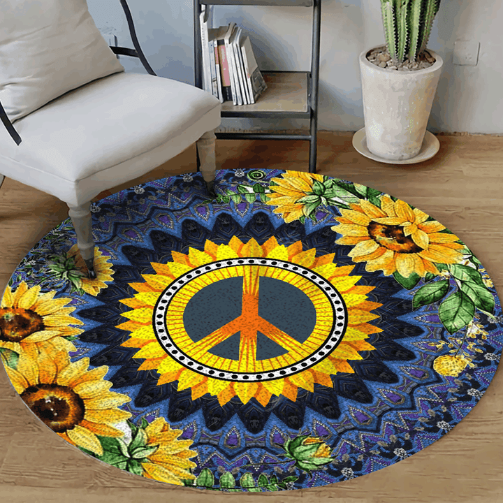 Hippie Peace Sunflower Round Rug