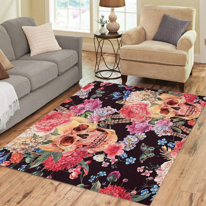 Watercolor Skull And Pink Peony Wildflowers CLG1710130R Rug