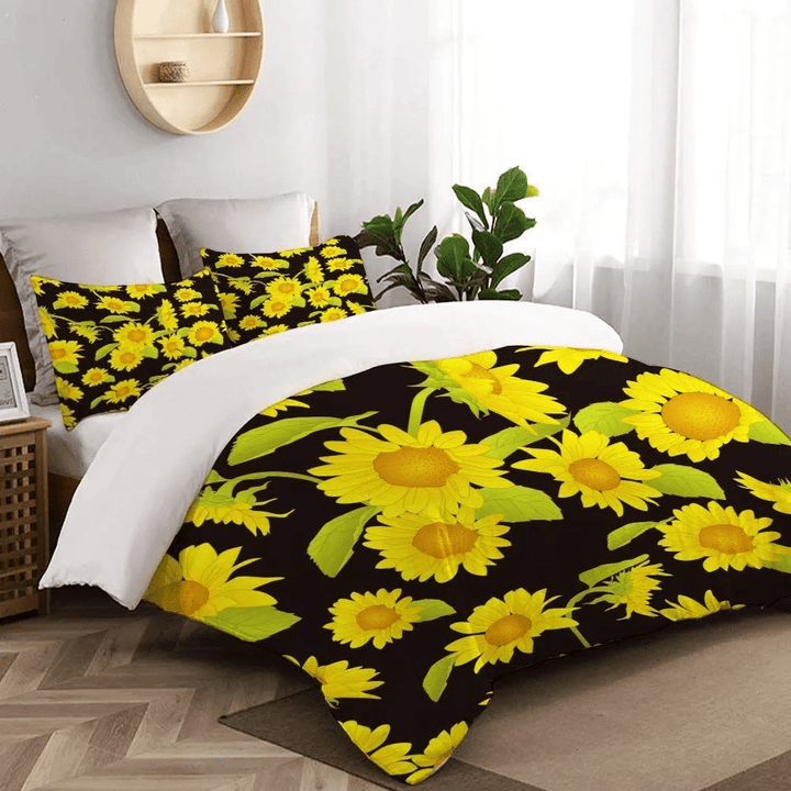 Yellow Sunflower Black Background Bedding Set