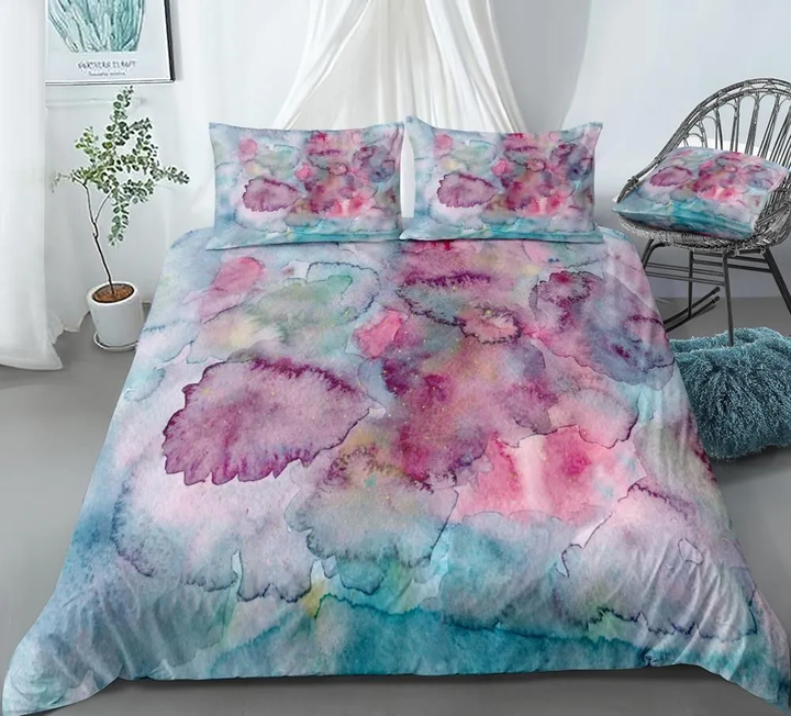 Oil Painting Pink Blue Bedding Set