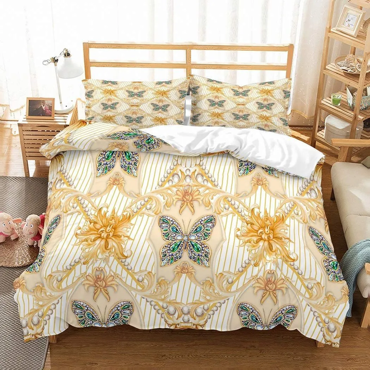 Crystal Green Butterfly Gold Floral Bedding Set