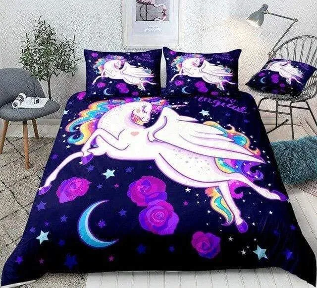 Rainbow Unicorn Among Stars Bedding Set