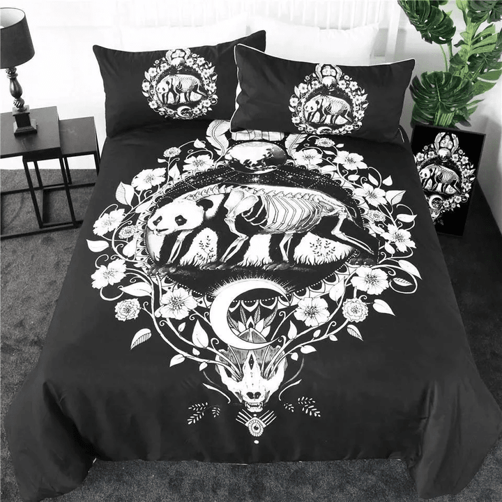 Floral Panda Black By Pixie Cold Art Bedding Set