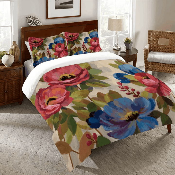Coral And Blue Flowers Bedding Set