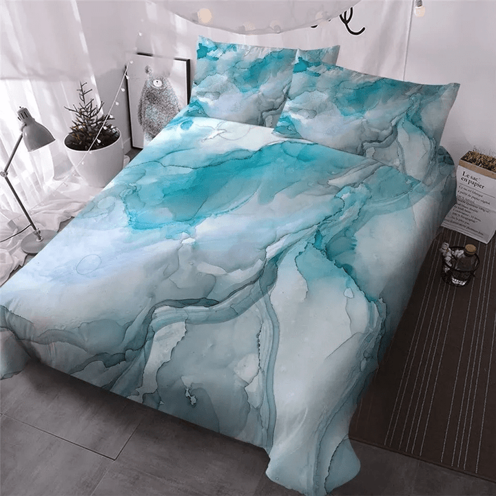 Sky Blue And Grey Marbling Bedding Set