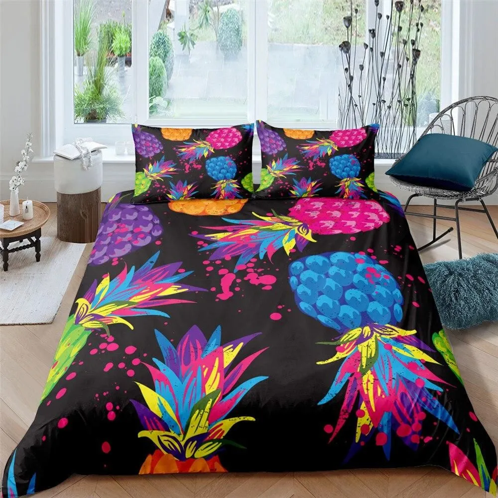 Colorful Pineapple Black Bedding Set