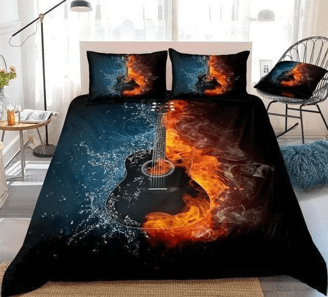 Black Guitar On Fire And Water Bedding Set