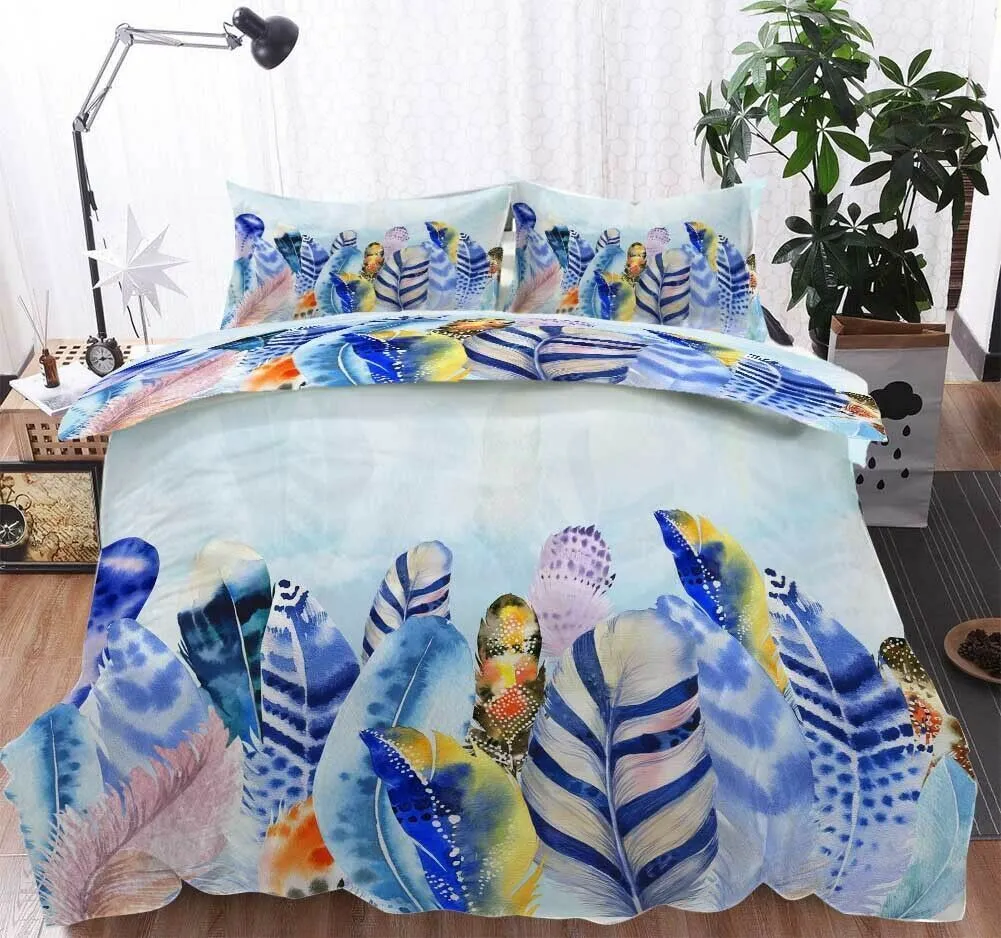 Colorful Feather Blue Bedding Set