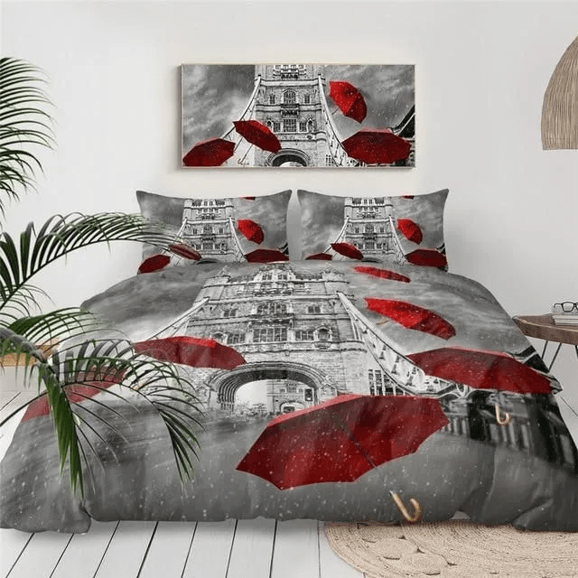 Paris Tower And Red Umbrellas Bedding Set