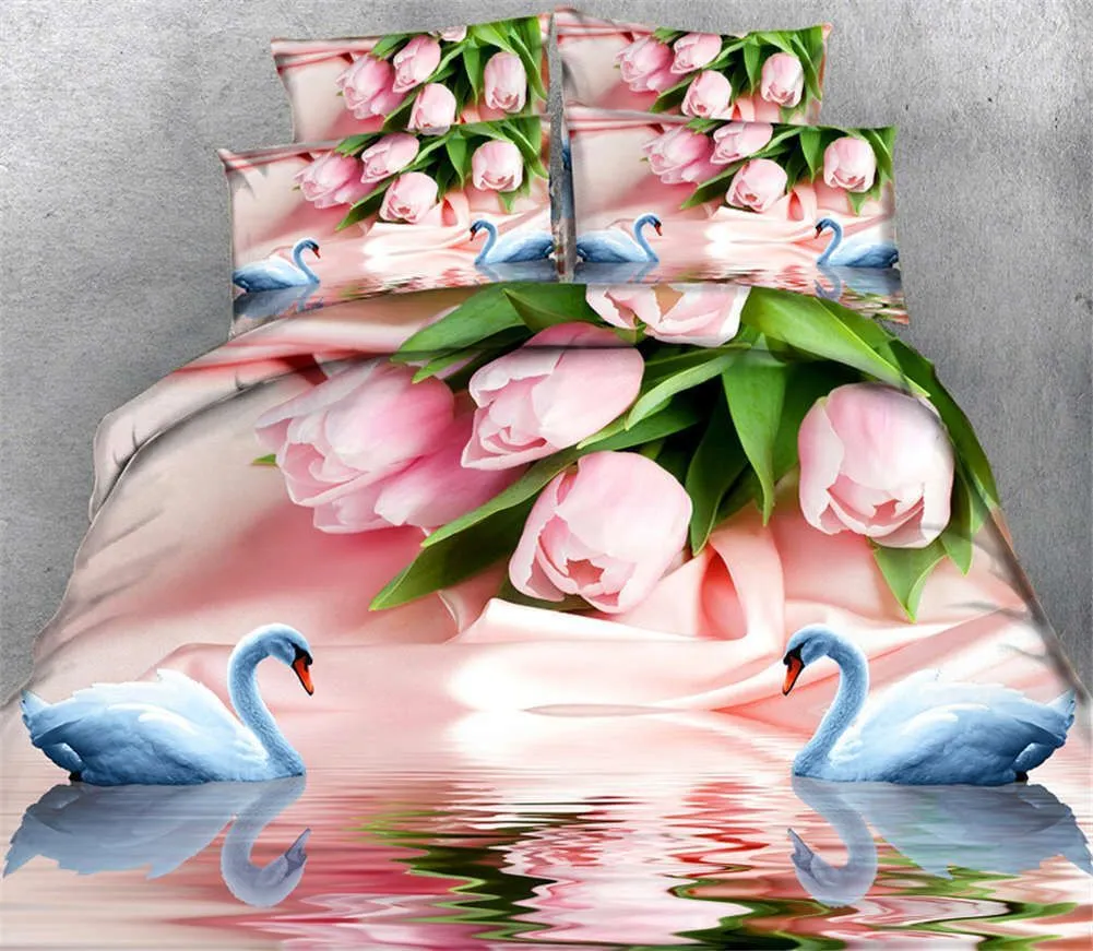 Swan And Pink Tulips Bedding Set
