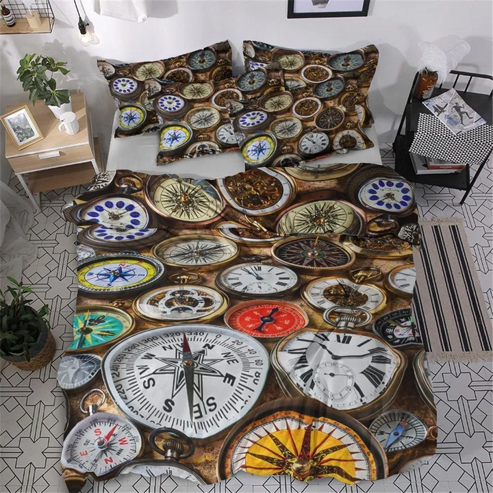 Compass And Clock Cotton Bed Sheets Spread Comforter Duvet Cover Bedding Set