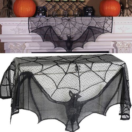 Halloween Decorative Bats Curtains Black Lace Spider Web Holiday Stove Towel Lampshade Fireplace Cloth Decor for Spooky Festival