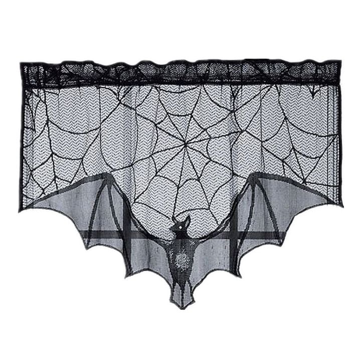 Halloween Decorative Bats Curtains Black Lace Spider Web Holiday Stove Towel Lampshade Fireplace Cloth Decor for Spooky Festival
